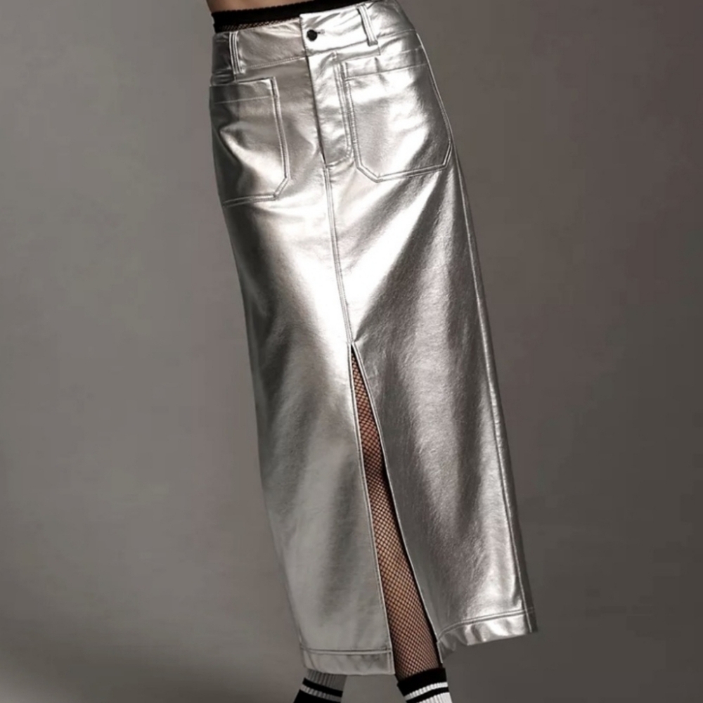 Anthropologie Colette Silver Metallic Maxi Skirt by Maeve XXS #NEW MSRP $138